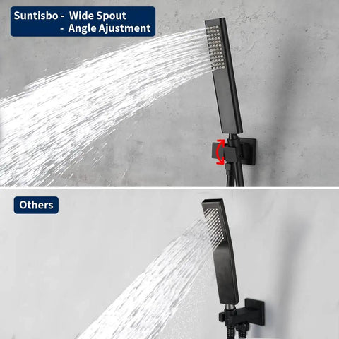Badass Matte Black Waterfall Bathtub Faucet Set With Handheld Shower demonstrating wide spout and angle adjustment.