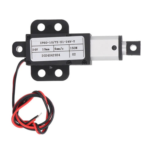 Compact 24V DC Linear Actuator With 150N Thrust, 0.39 Inch Stroke, 4mm Per Second Speed in black and silver with wires