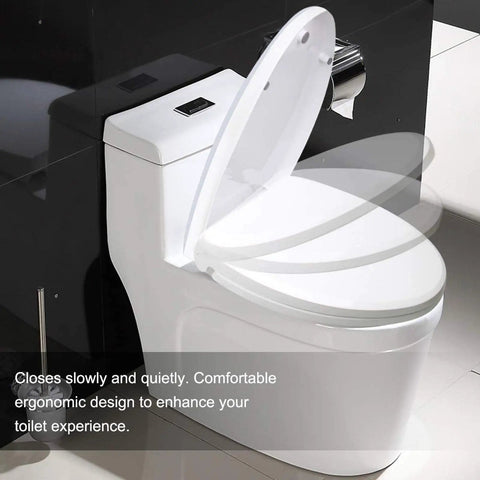 Heavy Duty White Soft Close Toilet Seat With Killer Urea Resin Build Quick Release Hinges Smooth Slow Drop Antimicrobial Shield And Ridiculously Easy Bathroom Install, shown from the side with lid partially open.