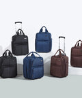 Hanke 16-Inch underseat luggage set with wheels, six-piece in black, blue, and brown.