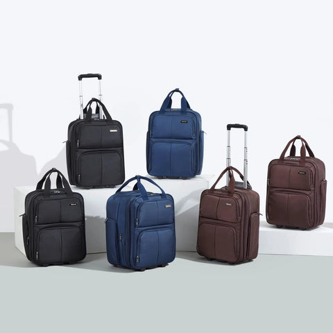 Hanke 16-Inch underseat luggage set with wheels, six-piece in black, blue, and brown.