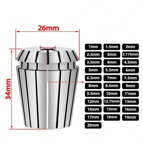 Heavy Duty ER25 Collet Chuck Tool Holder Set with Precision 0.003 accuracy, size 26mm x 34mm, various grip sizes from 1 to 20mm.
