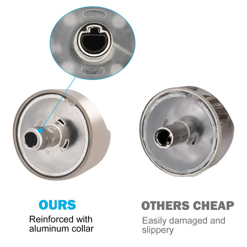 Comparison of Gas Range Burner Knob Set No Fuss Replacement For GE Cafe Series showing reinforced aluminum collar vs. standard.