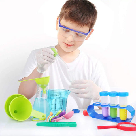 Child using a Kids Science Experiment Kit With Hands On Lab Coat Dress Up Costume For Role Play And STEM Learning Fun Gift.