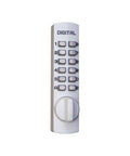 Front view of Keyless Push Button Surface Mount Hook Bolt Lock For Sliding Doors White Finish With Programmable Code Ideal For Light Duty Applications Mechanical C 150 Series Digital Door Lock Includes Lifetime Warranty