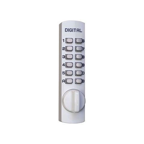 Front view of Keyless Push Button Surface Mount Hook Bolt Lock For Sliding Doors White Finish With Programmable Code Ideal For Light Duty Applications Mechanical C 150 Series Digital Door Lock Includes Lifetime Warranty