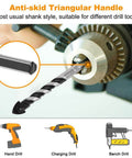 TITGGI masonry drill bit set, close-up in drill chuck; carbide tips, 1/4-1/2 in size