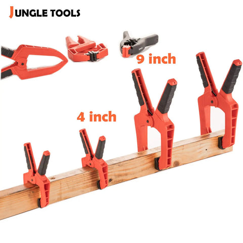 9 Inch Heavy Duty Spring Clamps With Kickass Grip Rock Solid Build Hella Durable Engineering Plastic And Soft Bi Material Handles Sweet For Woodworking And Quick Shop Fixes 2 Piece Set on wood beam with 4 inch clamps