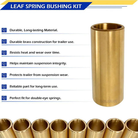 Eight Piece Beefy Brass Leaf Spring Bushing Kit For Trailer Axles With 9/16 Inch ID And 11/16 Inch OD shown with features