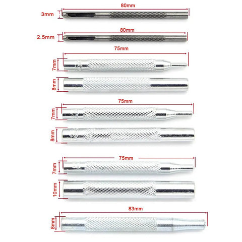 Pro Grade Heavy Duty Die Punch Snap Kit Rivet Setter With Base, close-up of hollow punches with marked sizes