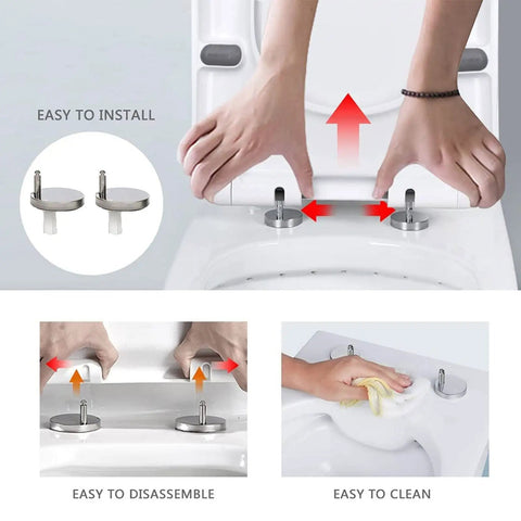 Installation process of Heavy Duty Square Toilet Seat Featuring Silent Soft Close Lids No Fuss Hardware with quick release bolts.