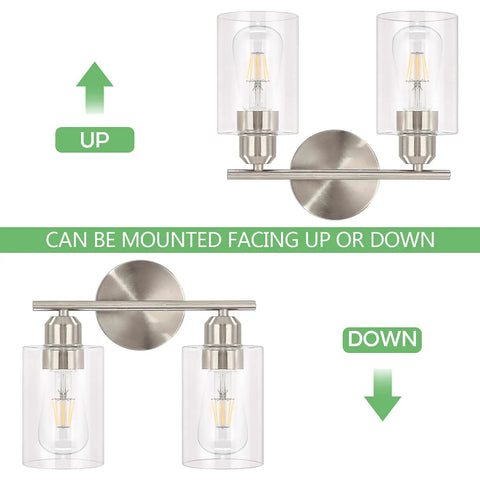 Two Light Brushed Nickel Bathroom Vanity Light With Clear Glass Shades, shown mounted facing up and down for versatility.