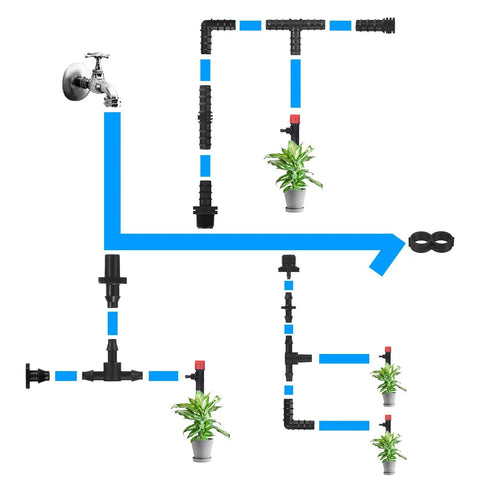 20 Pack Drip Irrigation Barbed Fittings For Three Eighths Inch Tubing Connector Plastic Couplings Garden Greenhouse Aquarium Flower Pot Drip Line Accessories For Garden Beds And Pots installed with blue tubing and garden pots