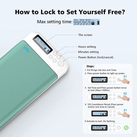 Portable Timed Phone Lock Box for Digital Detox and Study Grind with Chill Out Self Control Timer Secure Stash for iPhones and Android Devices Helps Tune Out Screen Time Distractions Green setup instructions with timer display