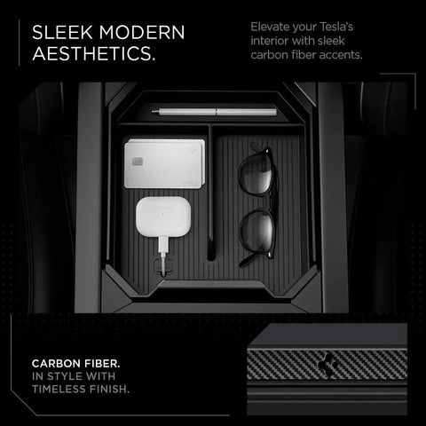 Center Console Organizer Tray For Tesla Cybertruck Accessories With Intelligrip Padding, Carbon Fiber Accent, And Cable Management