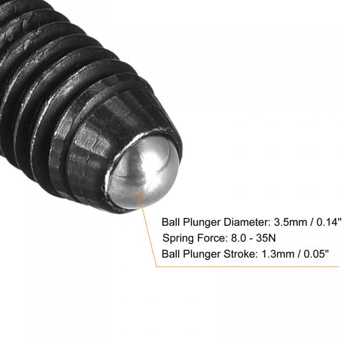 Close-up of Built Tough M6 X 8mm Ball Point Set Screws with spring loaded plunger details and specifications.