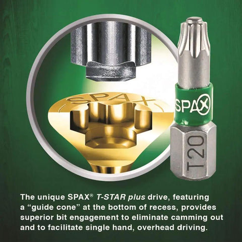 8 X 2 Exterior Wafer Head Wood Screws With Torx T-Star Plus, showing drive bit with guide cone for secure bit engagement
