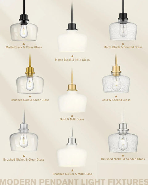 Emak 8 Inch Pendant Lights Kitchen Island, 1-Light Brushed Gold Kitchen Pendant Lights with Clear Glass Shade, Hanging Lamp with Adjustable Rods for Dining Room, PL122-BGD-CG in modern pendant light varieties.