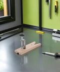 Two Sets Professional V Slot Bench Clamps For Woodworking And Metal Projects With Heavy Duty Installation Tools on a workshop table.