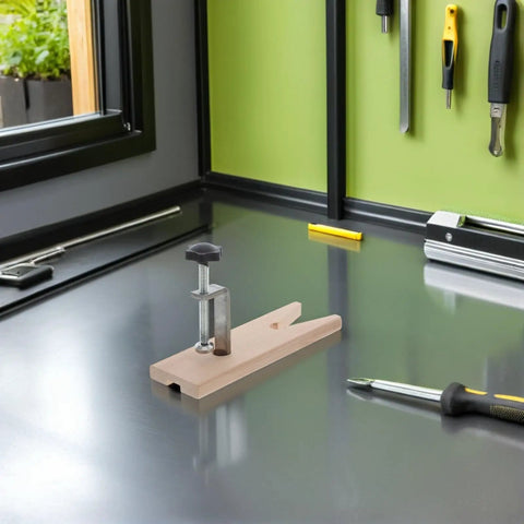 Two Sets Professional V Slot Bench Clamps For Woodworking And Metal Projects With Heavy Duty Installation Tools on a workshop table.