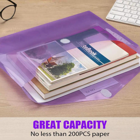 10 Pack Clear File Folders With Transparent Envelopes showing purple folder holding A4 and Letter papers for organization.