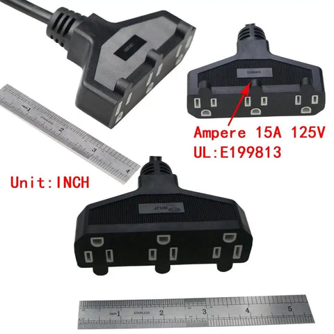 Heavy Duty 3 Outlet Outdoor Extension Cord 10 Ft 14 AWG 15 Amp Waterproof Power Strip With 3 Prong Plug showing plug design and specifications.