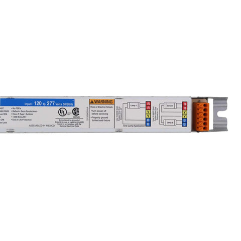 Close-up of 2 Lamp F24T5HO Electronic Fluorescent Ballast 120/277V showing wiring diagram and input labels.