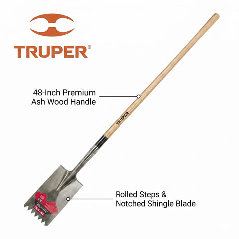 Heavy Duty Roofer Axe With 48 Inch Solid Ash Handle, Premium Shingle Remover And Nail Pulling Tool For Tear Offs, featuring a notched blade.