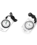 Two compasses from 8 in 1 Emergency Gear Survival Kit For Outdoors And Adventures with black cords on white background.