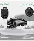 Top Shelf Heavy Duty Ccs2 To Chademo Adapter For Blazing 250A DC EV Charging, displaying CCS1 and CHA deMo plugs.