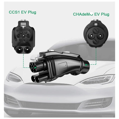 Top Shelf Heavy Duty Ccs2 To Chademo Adapter For Blazing 250A DC EV Charging, displaying CCS1 and CHA deMo plugs.