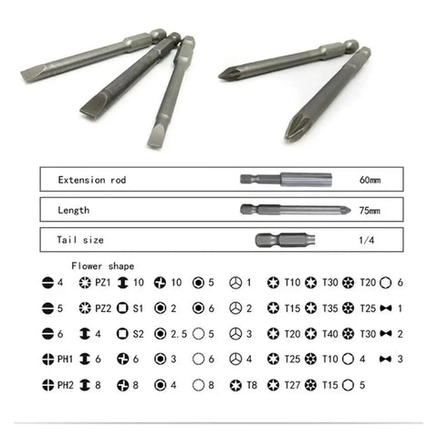 Premium 50 Piece Extra Long Screwdriver Bit Set With Comfortable Handle Featuring Torx Star Hex Spline Tips Perfect For Daily Repairs Picture Hanging And Minor Plumbing Jobs In A Reinforced Toolbox. 60mm 75mm bits with 1/4 tail size