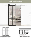 Bypass Double Glass Barn Door Set With 6.6Foot Side Mounted Hardware Kit showing two 30x84 inch aluminum framed glass panels.
