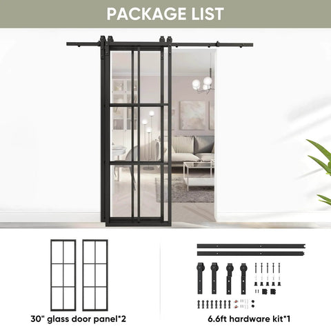 Bypass Double Glass Barn Door Set With 6.6Foot Side Mounted Hardware Kit showing two 30x84 inch aluminum framed glass panels.