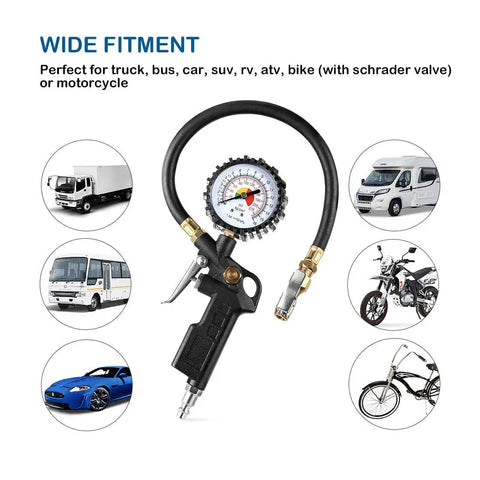 Tire Inflator Deflator Gauge With Two And A Half Inch Dial, Brass Lock On Chuck, 13 Inch Rubber Hose, 0-220 PSI Range, All In One Air Pressure Tool For RV Car Motorcycle Bike