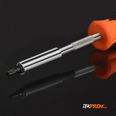 Security Torx Bit Set With Magnetic One Quarter Inch Driver close-up with orange handle and metal bit detail on black background