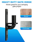 Beefy Heavy Duty Wall Mount Gate Hinges Two Pack For Farm And Chain Link Gates With Five Eighth Inch Pin Rust Resistant Outdoor Metal Gate Hardware For Fence Posts Black Ideal For Fence Posts Barns And Outdoor Gates, side view showing installation on wood and concrete surfaces.