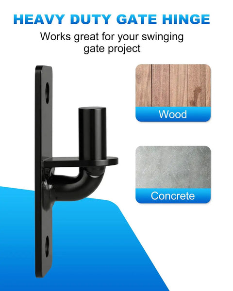 Beefy Heavy Duty Wall Mount Gate Hinges Two Pack For Farm And Chain Link Gates With Five Eighth Inch Pin Rust Resistant Outdoor Metal Gate Hardware For Fence Posts Black Ideal For Fence Posts Barns And Outdoor Gates, side view showing installation on wood and concrete surfaces.
