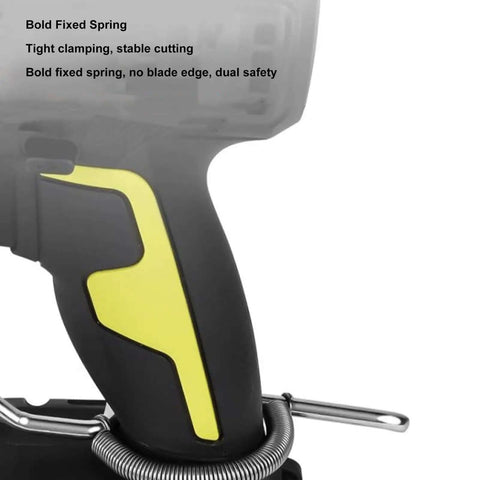 Close-up of wireless drill to sheet metal cutter adapter showing bold fixed spring, part of Turn Your Drill Into A Metal Cutter With This Plate Shears Attachment