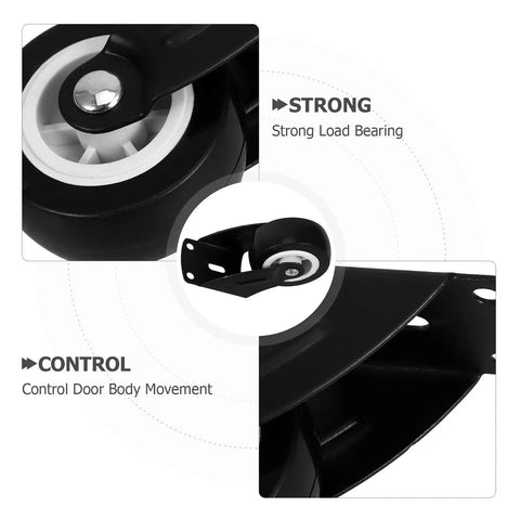 Close-up of a black side mount caster with strong load bearing, part of 4 Pack Heavy Duty Side Mount Caster Set Built Tough Silent Glide Sliding Door Hardware For Barn Doors Wardrobes Cabinet Plant Stand Trolley Replacement Rail Roller Kit.