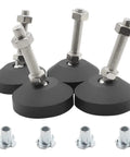 Shop Grade Adjustable Leveling Feet With T Nut Bolts, Four Pack Rubber Cushioned Bases, M8 Thread Kit For Wobbly Tool Cabinets And Workstations Staying Dead Level Always, featuring black rubber bases and metal bolts