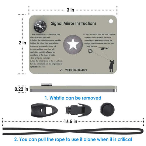 Military Grade Signal Mirror Survival Tool with Instructions, Compass, Detachable Whistle, 3x2 Inch for Hiking and Camping