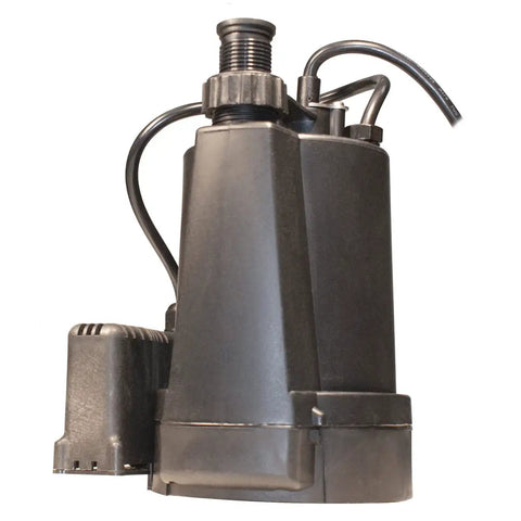Side view of a quarter horsepower automatic utility pump for basements spas small pools flat roofs and window wells with auto shutoff.
