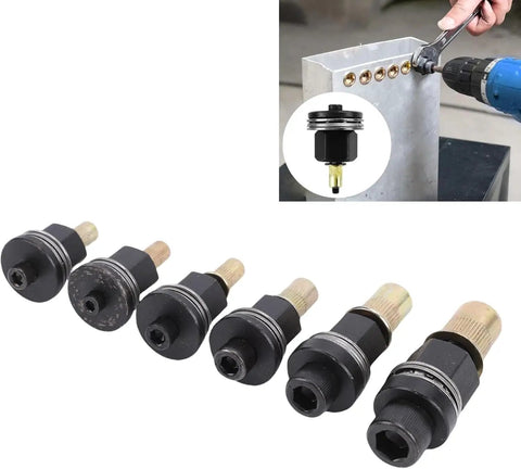 Get Your Hands On This Sick 77 Piece Carbon Steel Rivet Nut Tool Set With M3 To M12 Mandrels And Flat Head Rivnuts. shown with drill adapter mandrels and rivet nuts
