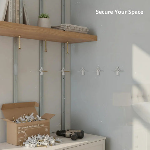 Heavy Duty M8 Drywall Anchors With Screws Kit For Hollow Walls 50 pack on shelf and drilled on wall for cabinets