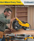 AltitudeCraft crown stops attached to a yellow miter saw, side view cutting crown molding on a workbench