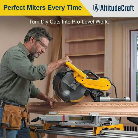 AltitudeCraft crown stops attached to a yellow miter saw, side view cutting crown molding on a workbench