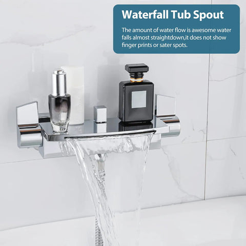 Polished Chrome Waterfall Bathtub Faucet With Wall Mount Dual Handle Brass Tub Spout and water flow cascade in modern bathroom