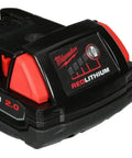 Close-up of Red Lithium 2.0 Compact Battery Pack CP2.0 For M18 Tools Eight Battery Set Included High Capacity 18V Battery