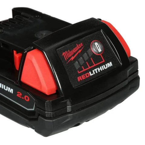 Close-up of Red Lithium 2.0 Compact Battery Pack CP2.0 For M18 Tools Eight Battery Set Included High Capacity 18V Battery
